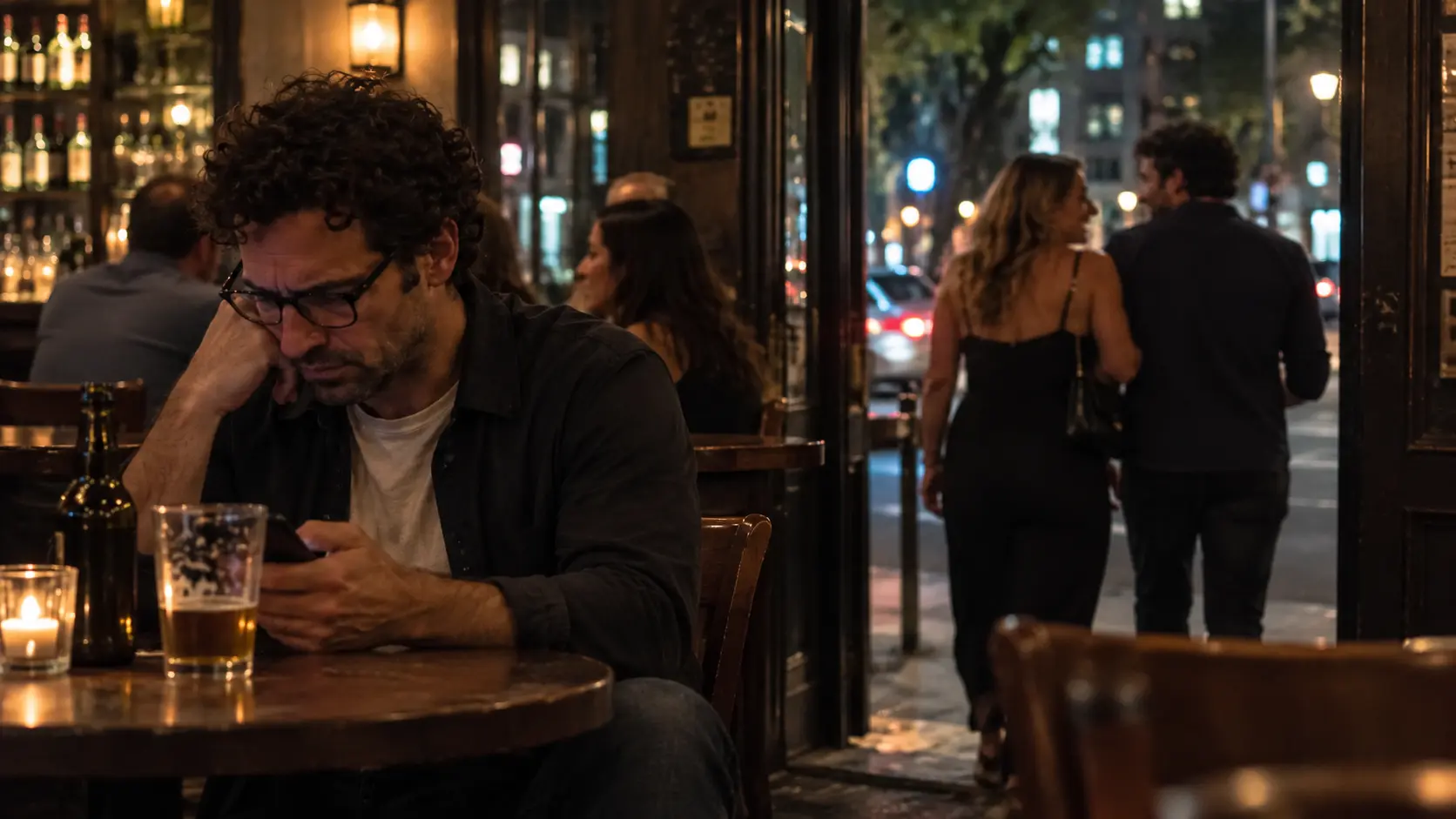 Homem sozinho no bar à noite enquanto uma mulher sai com outro homem