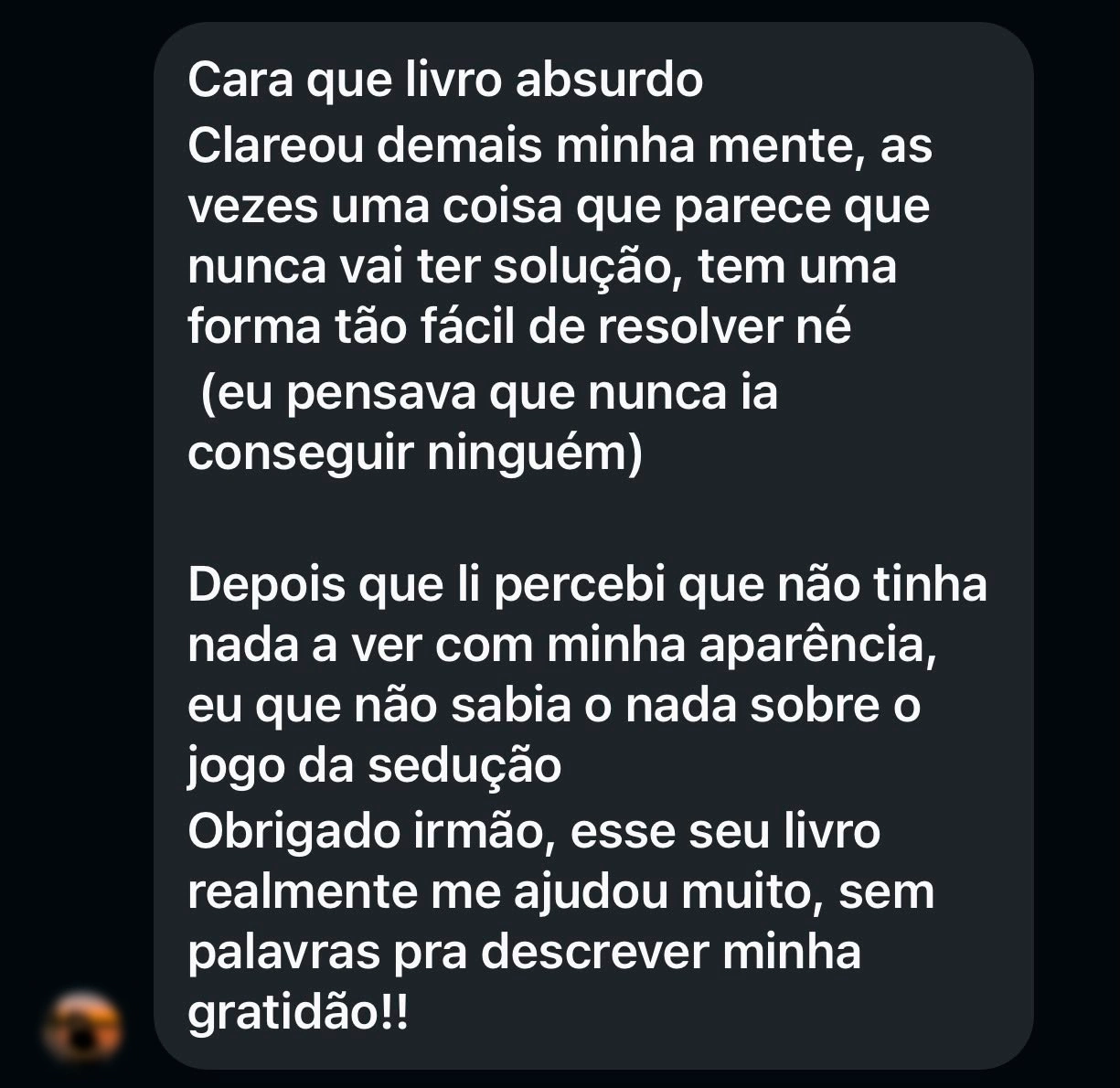 Print de feedback de leitor sobre a experiência com o livro, 3 de 4
