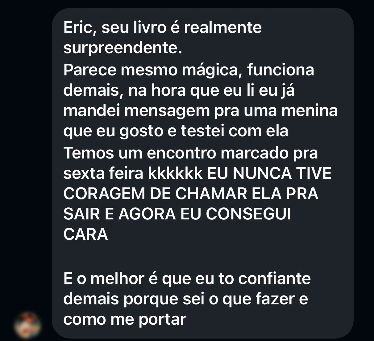 Print de feedback de leitor sobre a experiência com o livro, 4 de 4