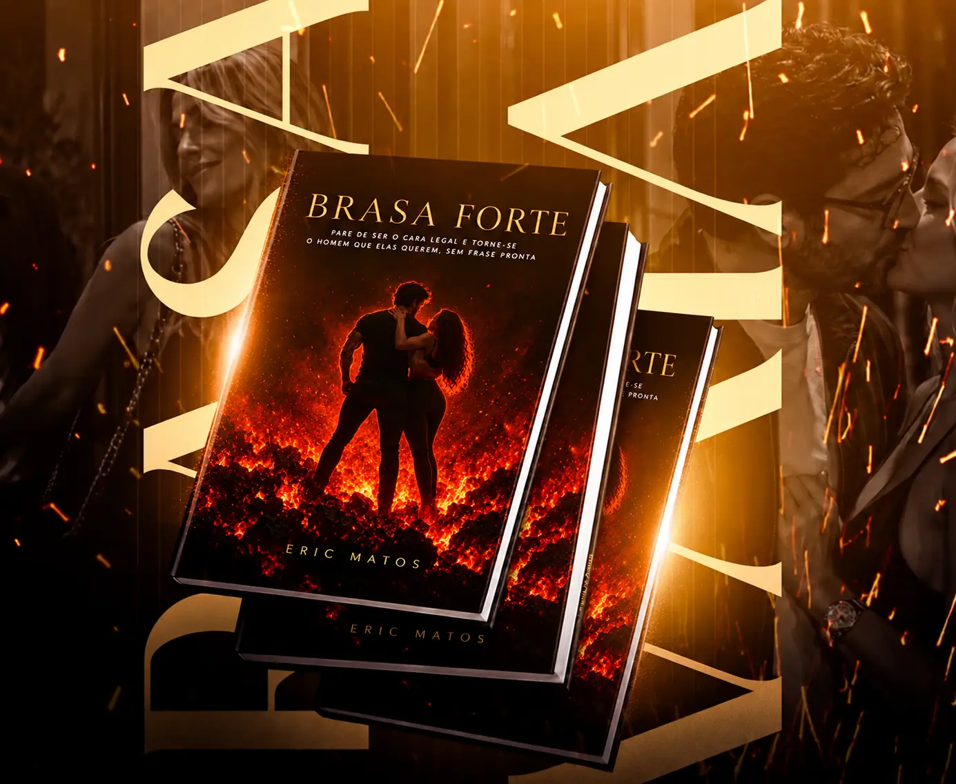 Mockup oficial do Brasa Forte com os exemplares do livro e a arte oficial de capa com um casal entre brasas